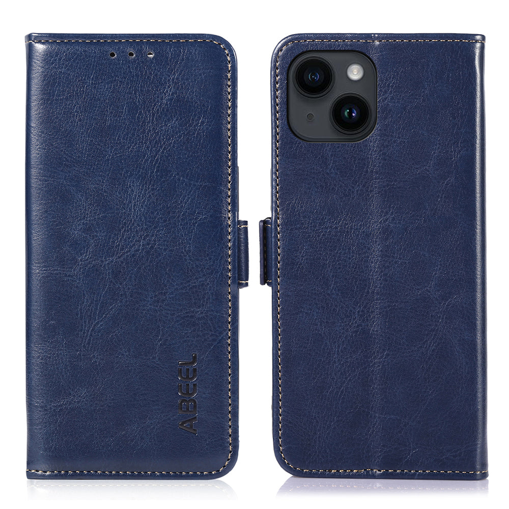 ABEEL til iPhone 15 Anti-Støv PU læder pung telefonetui Crazy Horse Texture Drop-proof cover med stativ ABEEL til iPhone 15 Anti-Støv PU læder pung telefonetui Crazy Horse Texture Drop-proof cover med stativ